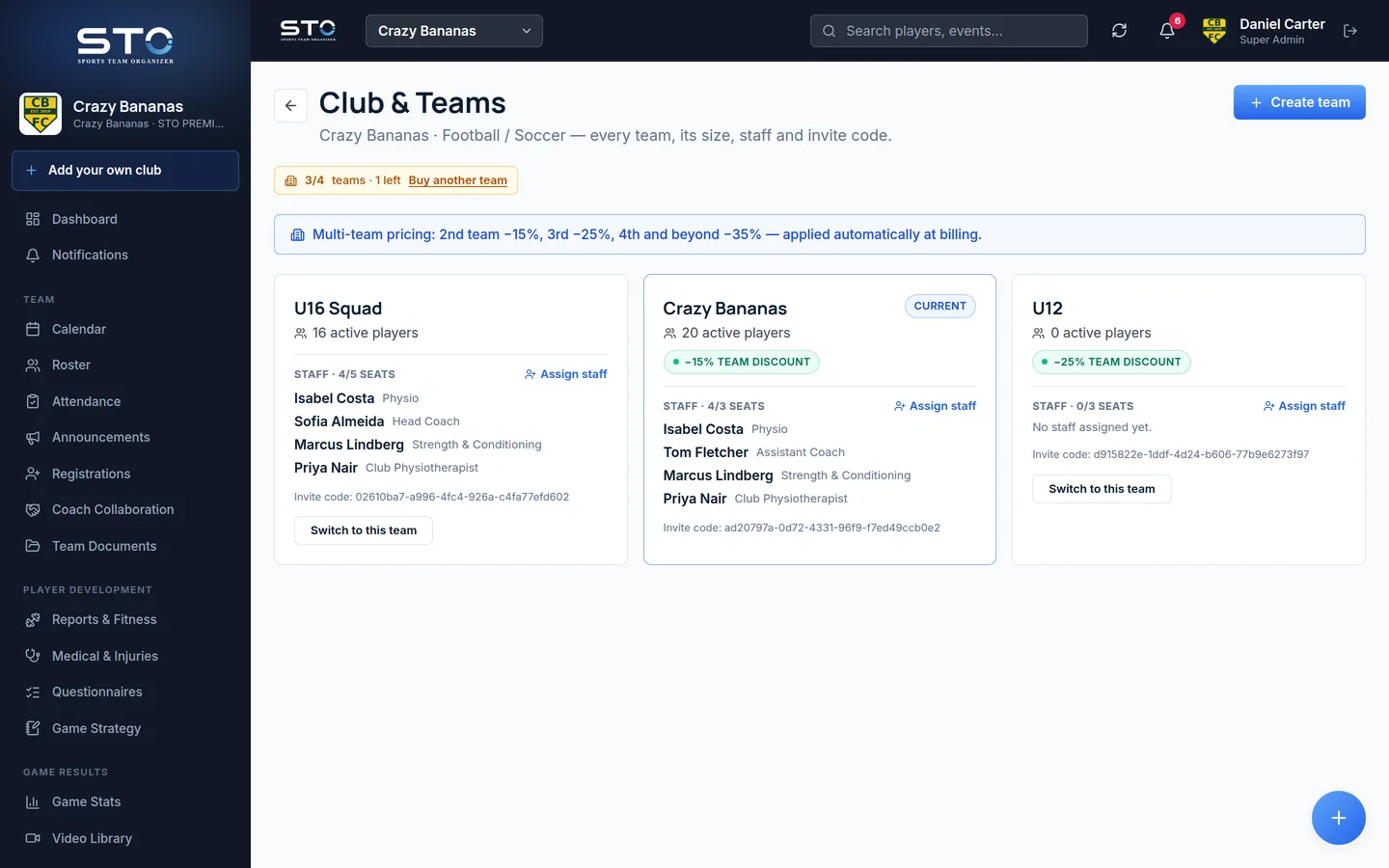 Club & Teams: three teams under one club, each with its own staff, seats and invite code
