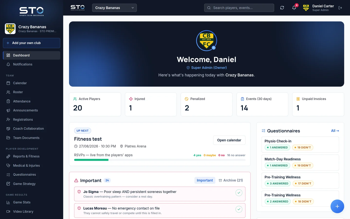 The Sports Team Organizer dashboard on desktop: active players, injuries, the next event with live RSVPs, and open questionnaires