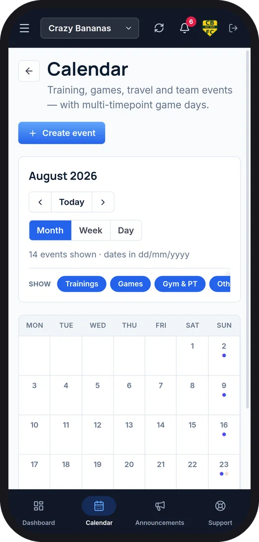 The team calendar in the app