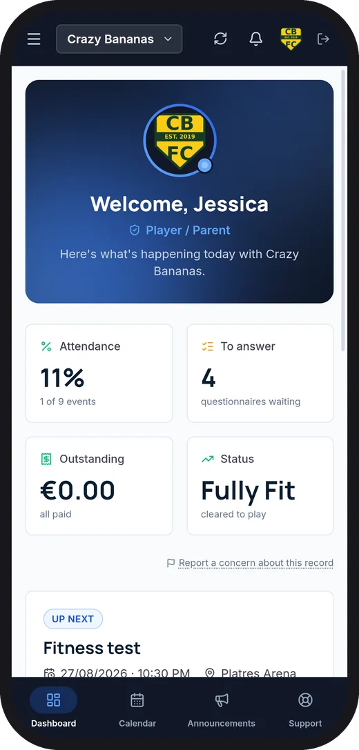 A parent's view in the app: attendance, questionnaires to answer, fees and fitness status for their child
